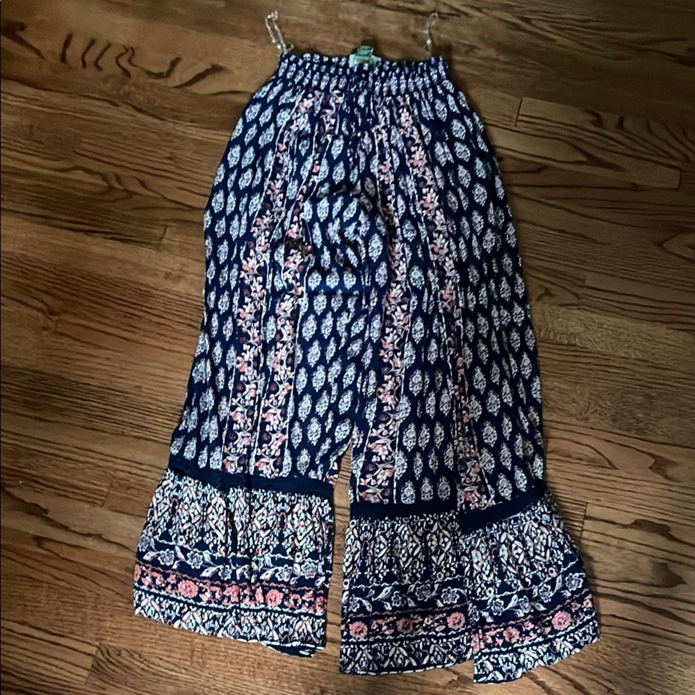 Angie Blue and Pink Wide Leg Pants with Elastic Waist